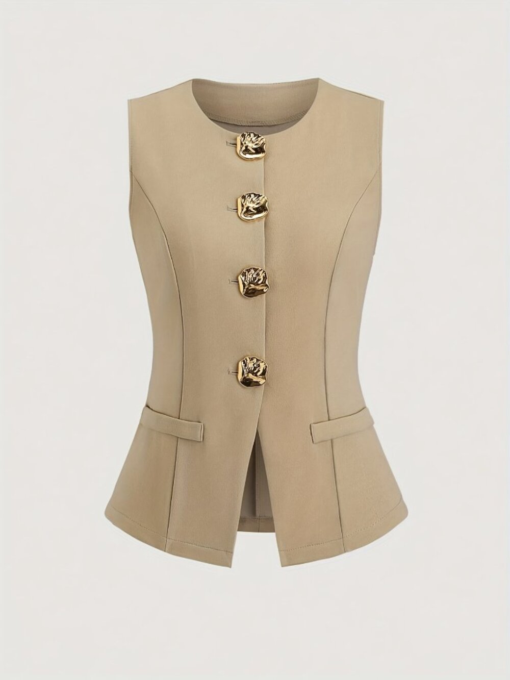 Passion of Essence Beige Tailored Sleeveless Vest with Gold Floral Buttons